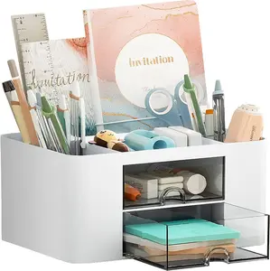Pen Organizer with 2 Drawer, Multi-Functional Pencil Holder for Desk, Desk Organizers and Accessories with 5 Compartments + Drawer for Office Art Supplies (White) Marbrasse