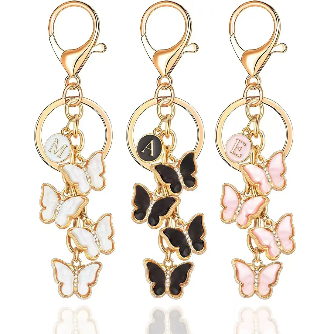 26Letter Butterfly Keychain-White Pink Black Cute Initial Letter Keychain for Women, Flower Bag Charms Enamel Keyring for Handbag Backpack