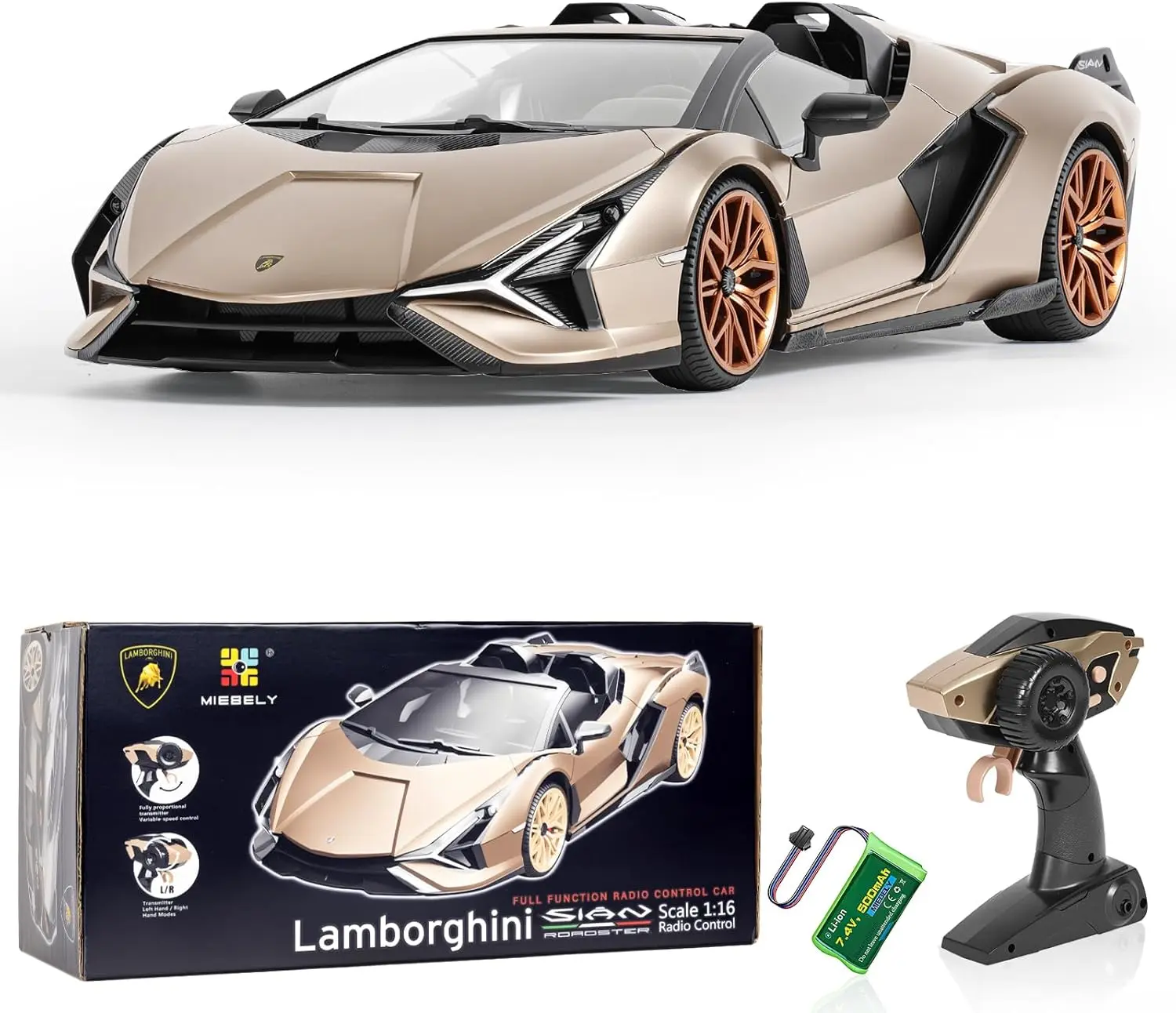 MIEBELY Officially Licensed Lamborghini Wireless Controller Car - 1:16 Scale, 2WD Brushless, 2.4Ghz High-Speed Model, 7.4V 500mAh Built-In Battery, LED Lights, 12Km/h Speed, Phthalate-Free, for Ages 6+ (Champagne), Wireless Controller Cars
