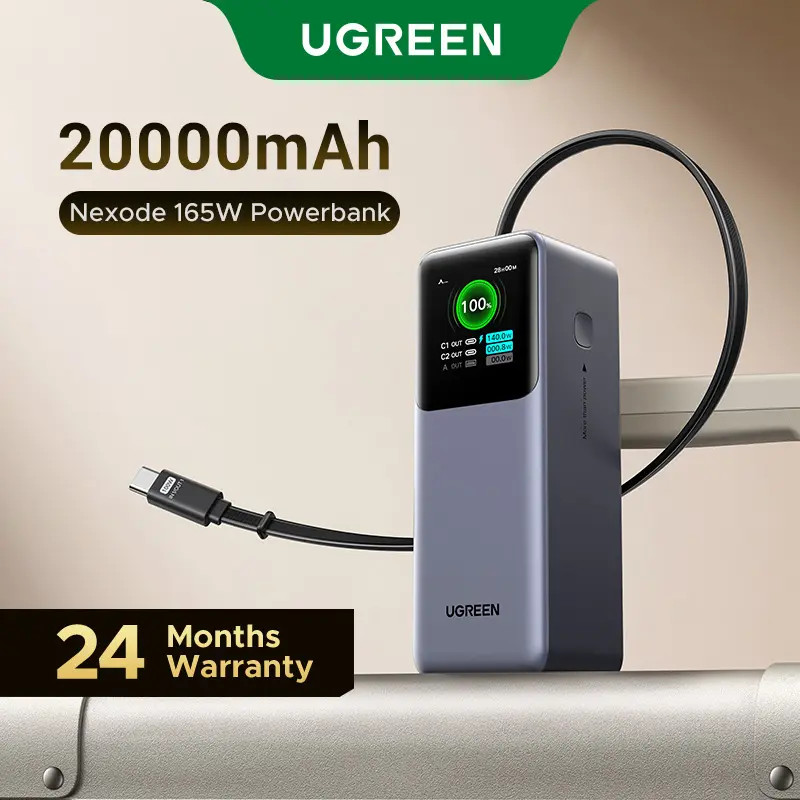 UGREEN Nexode Power Bank 20000mAh 165W with Built-in Retractable USB C Cable Laptop Travel Portable Charger, 100W Input, Fast Charging for MacBook Pro/Air/iPhone 17 16/iPad Pro/Galaxy S25 Ultra/Dell/HP and More ,DealsForYouDays