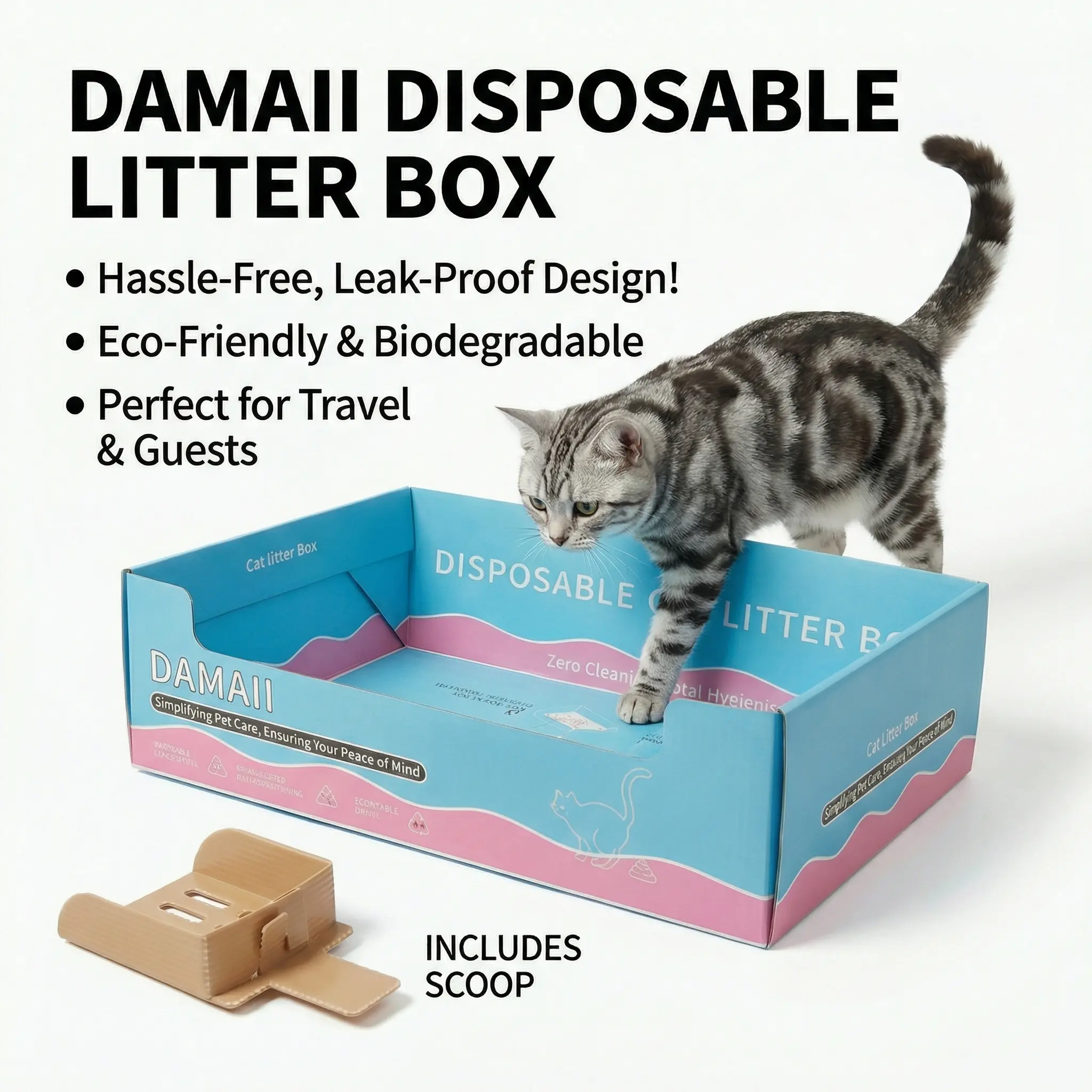 5-Pack Disposable Cat Litter Box with 5 Scoops, Portable High-Sided Pan, Leak-Proof Odor Control Eco-Friendly Litter Tray for Indoor & Travel Use, Portable Litter Box
