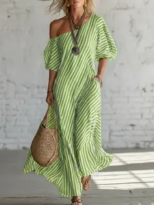 Women's Elegant Striped off Shoulder Dress, Fashion Chic Casual Flowy Summer Dress, Ideal for Daily Wear, Date, Brunch, Vacation, Beach