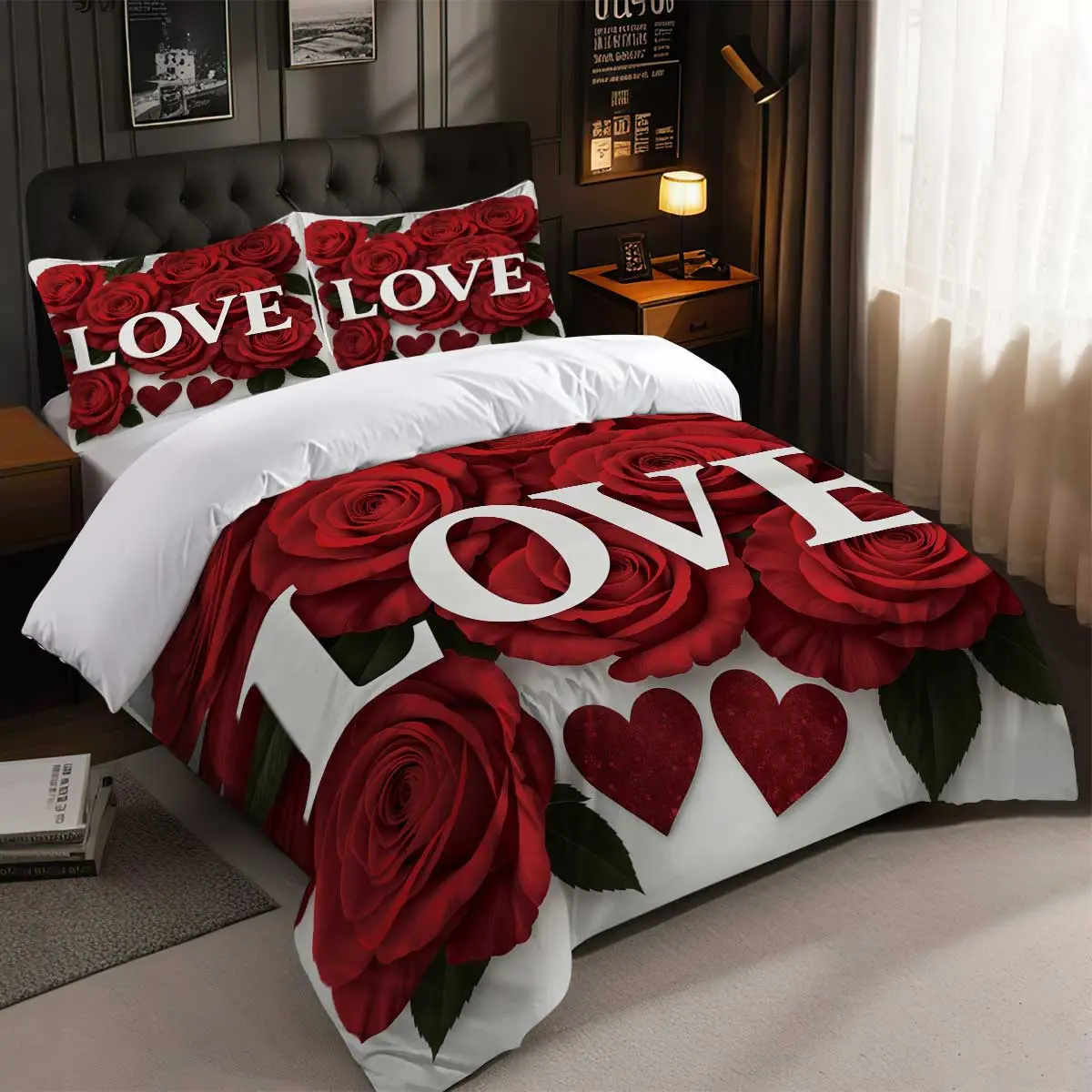 Three-piece romantic red rose love printed quilt cover set, bedding suitable for all seasons, suitable for couples, perfect for bedroom and guest room decoration, Duvet Cover Set, Decorative Duvet Cover