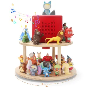 360° Rotating Wooden Storage Shelf Compatible with Toniebox 1 and 2 2-Tier Magnetic Display Stand That Holds 30-40 Tonies Figures Multifunctional Organizer for Tonie Box Characters Tonieplay Game and Controller