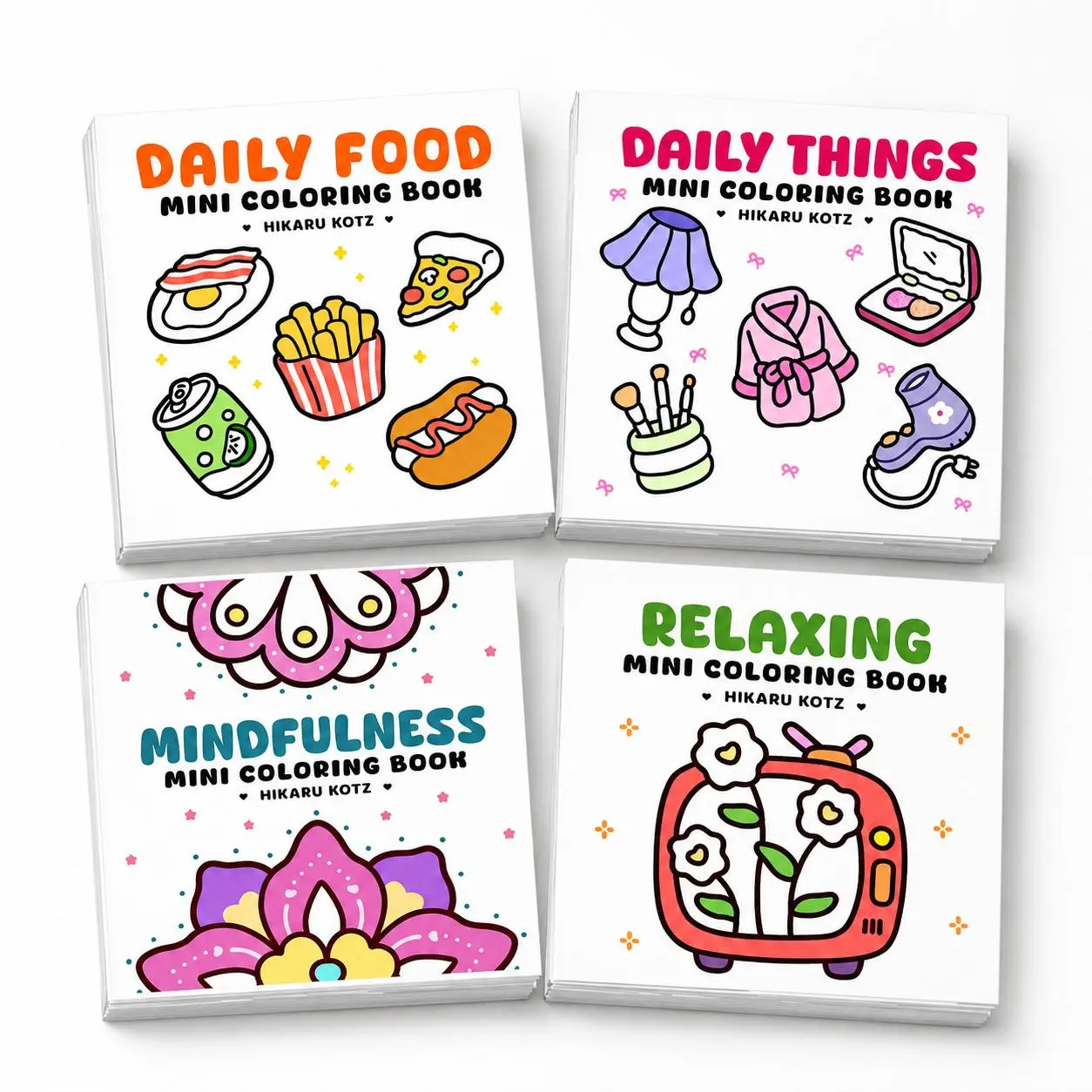 Mini Coloring Book set of 4 - Daily Food, Daily Things, Mindfulness, Relaxing