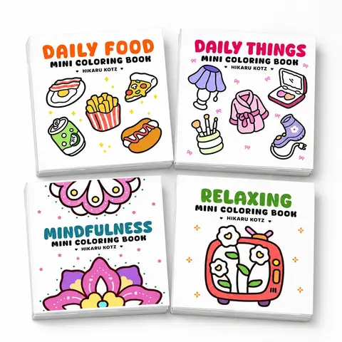 Mini Coloring Book set of 4 - Daily Food, Daily Things, Mindfulness, Relaxing