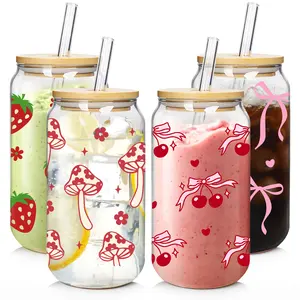 Valentines Gift Glass Cups with Lids and Straws with Design Cherry Strawberry Mushroom Bow , 4 pcs Clear Glass Cups 18oz-Drinking Glasses Set,Glass Tumbler,Cute Design Glass Iced Coffee Cups with Lids and Straws