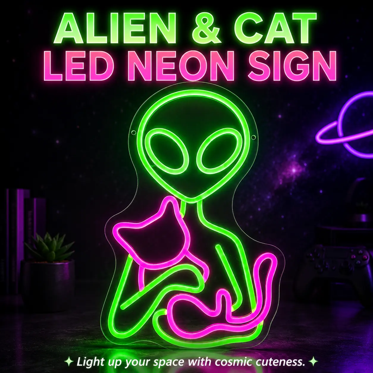 Alien LED Neon Sign, Cute UFO Space Wall Light, USB Powered Acrylic Neon Lamp, Green Alien Room Decor for Gaming Room, Bedroom, Party Space, Sci-Fi Theme Decoration and Space Lover Gift