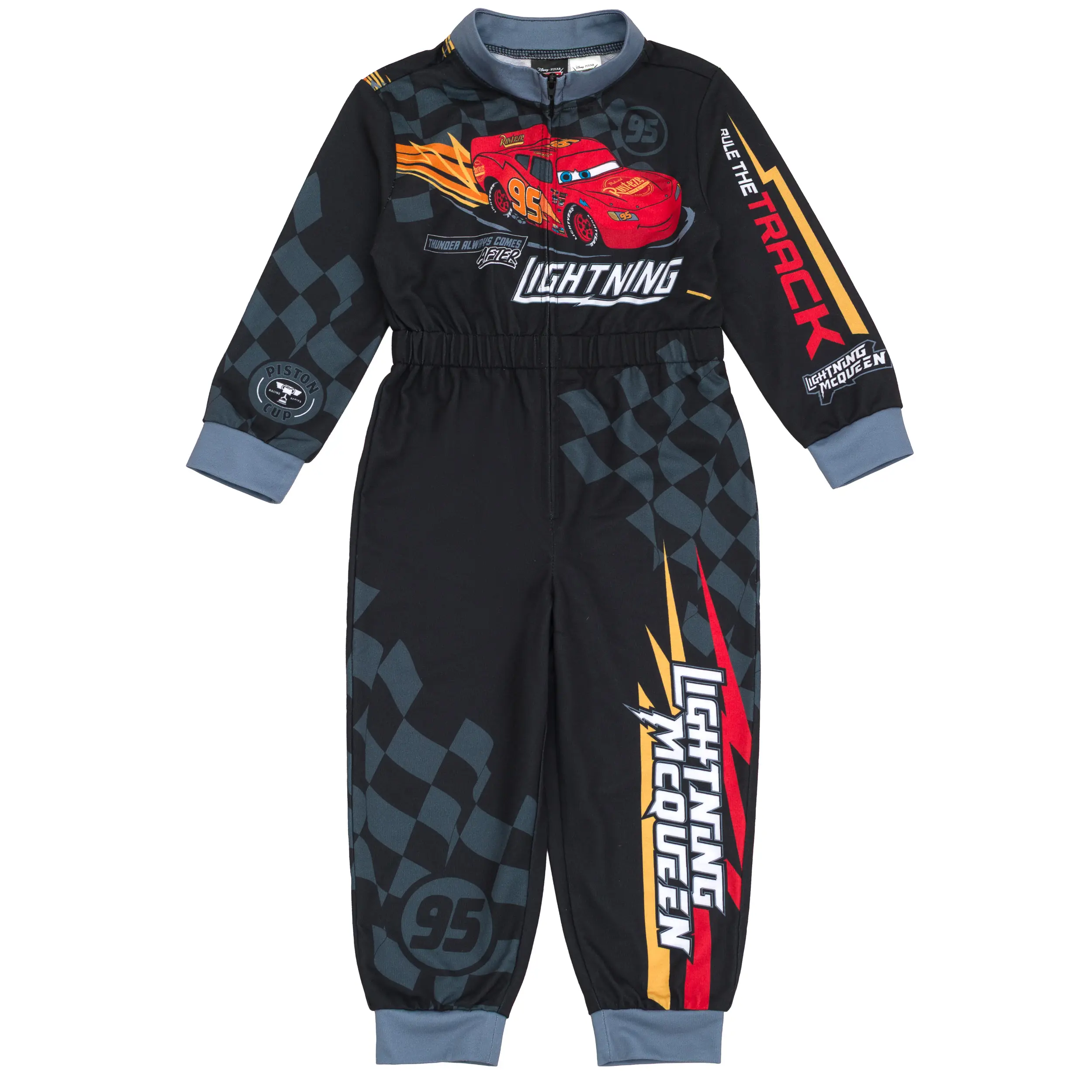 Disney Cars Lightning McQueen Boys' Racing Costume French Terry Zip Front One Piece Outfit Black Toddler to Big Kid