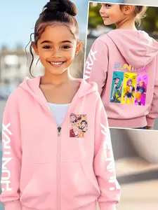 Girls Kpop Demon Hunters Cartoon Print Graphic Print Hoodie, Casual Fitted Jacket for Toddler Girls, Fall & Winter Zipper Sweatshirt