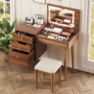 39" Retro Bohemian Vanity Desk with LED Mirror & Lights, Flip-Top Dressing Table with 3 Drawers & 10 Compartments, Makeup Vanity Set for Bedroom