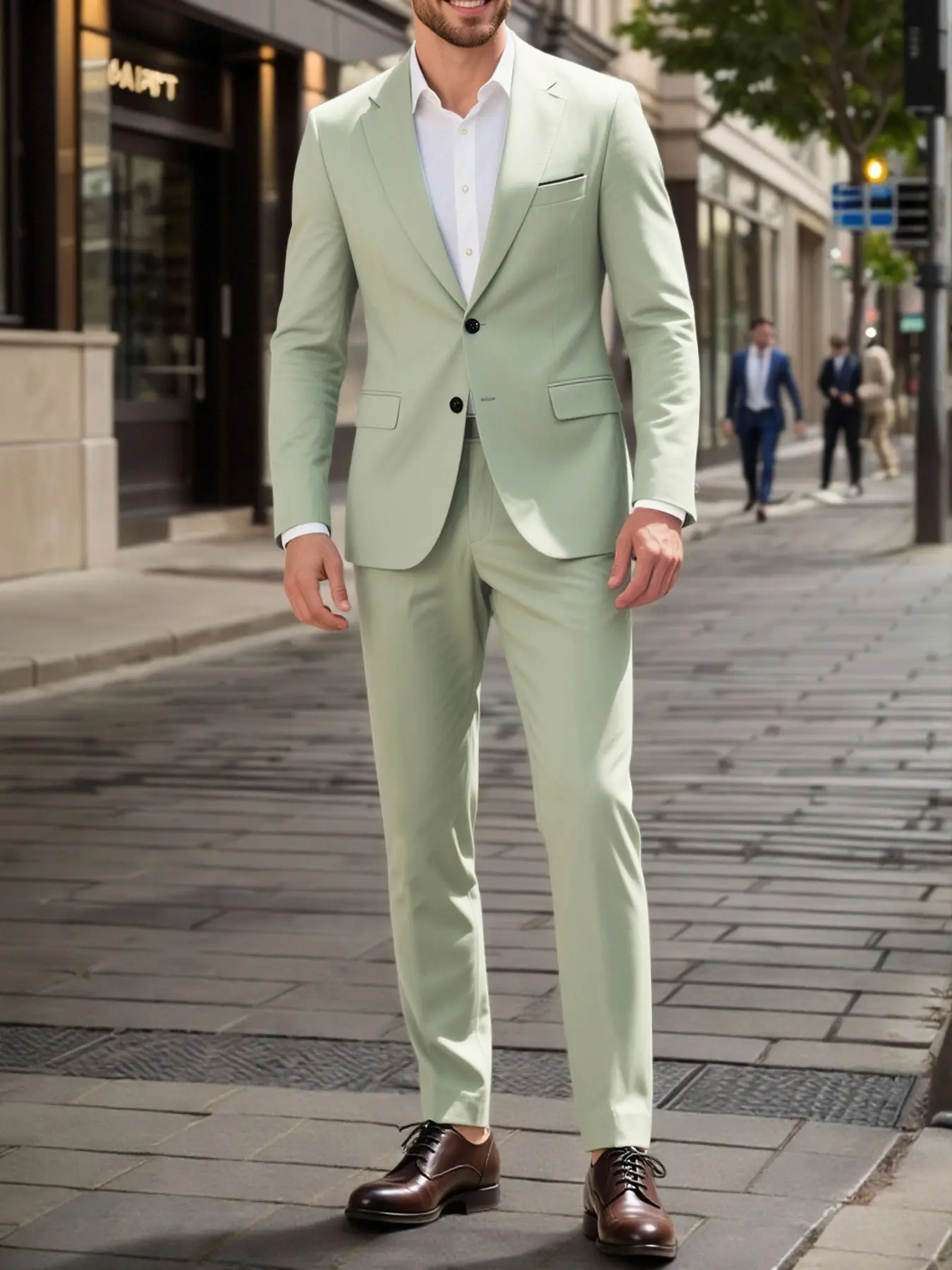 Men's Mint Casual Formal Suit Set, Lightweight Business Blazer, Long Sleeve, Wedding/commute, Tall and Slim Fit, 2-Piece Ensemble, Formal Wear
