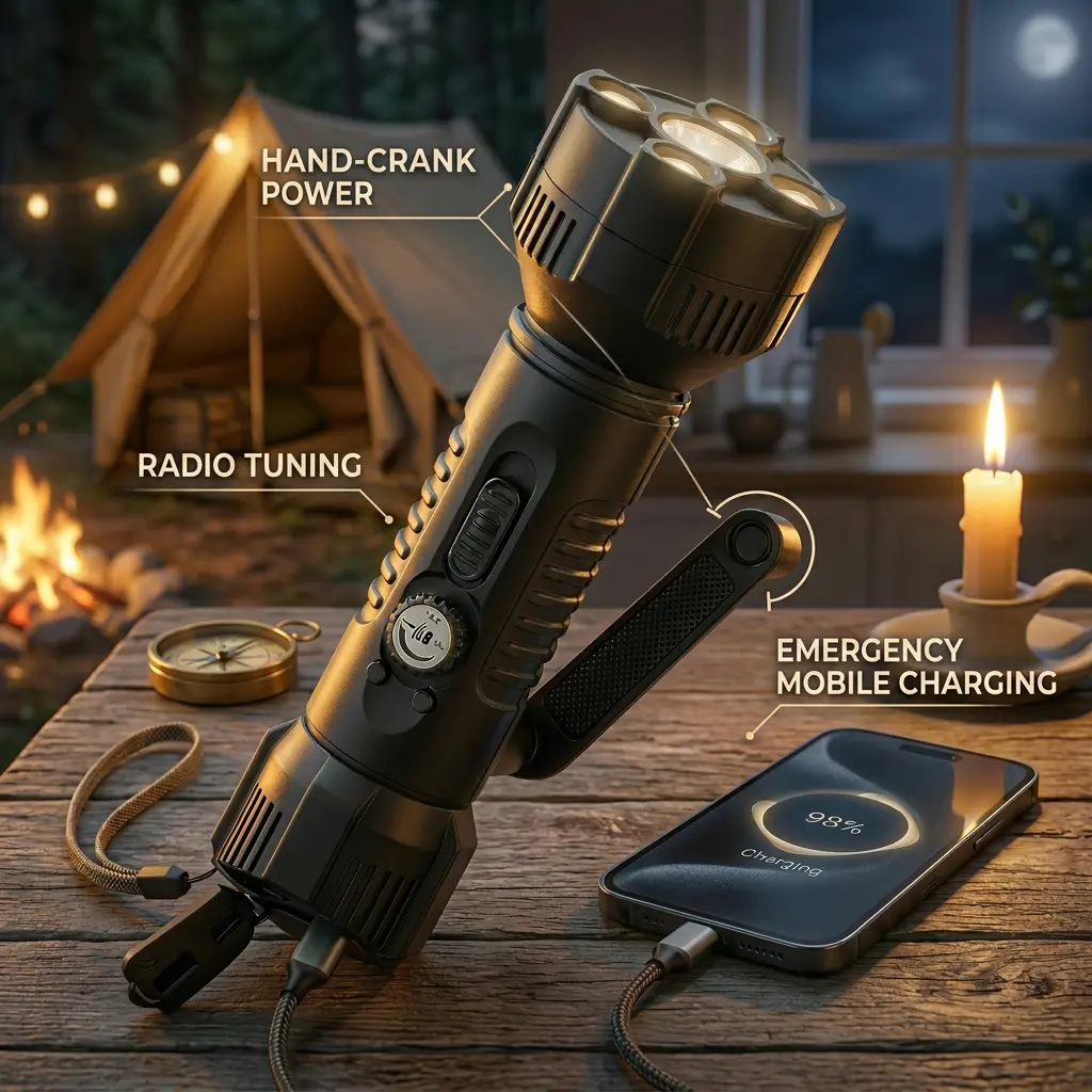 Outdoor Flashlight with FM Radio, Hand-Crank Power Generation, SOS Alarm, Emergency Flashlight,Power Bank Flashlight
