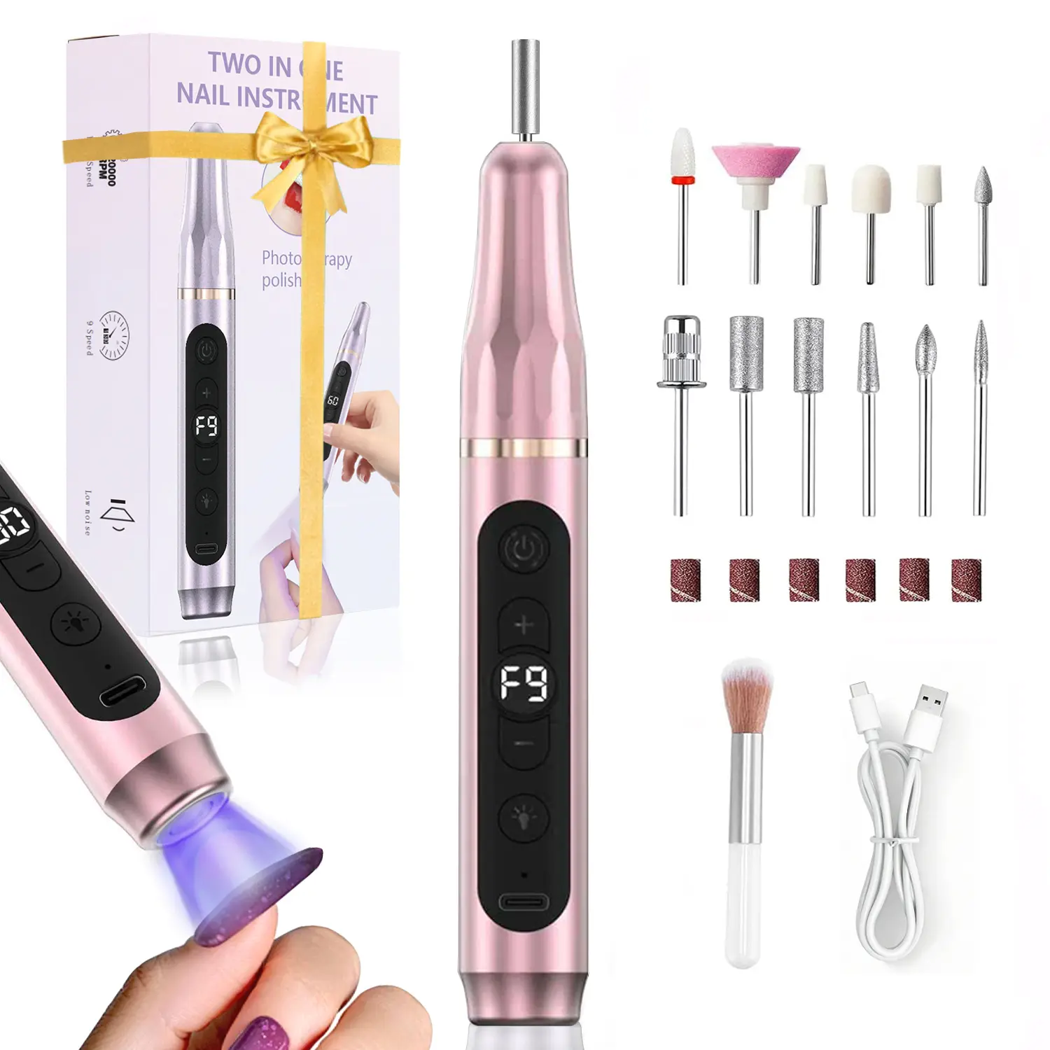 Nail Drill Kit,Professional 9-Speed Cordless Complete 14-in-1 Manicure & Pedicure Set with Sapphire Bits for Thick Nails, Acrylics, Gel & All Family Hand & Foot Care Smooth Cutics Lightweight Stainless Steel, Smoothing, Trimming
