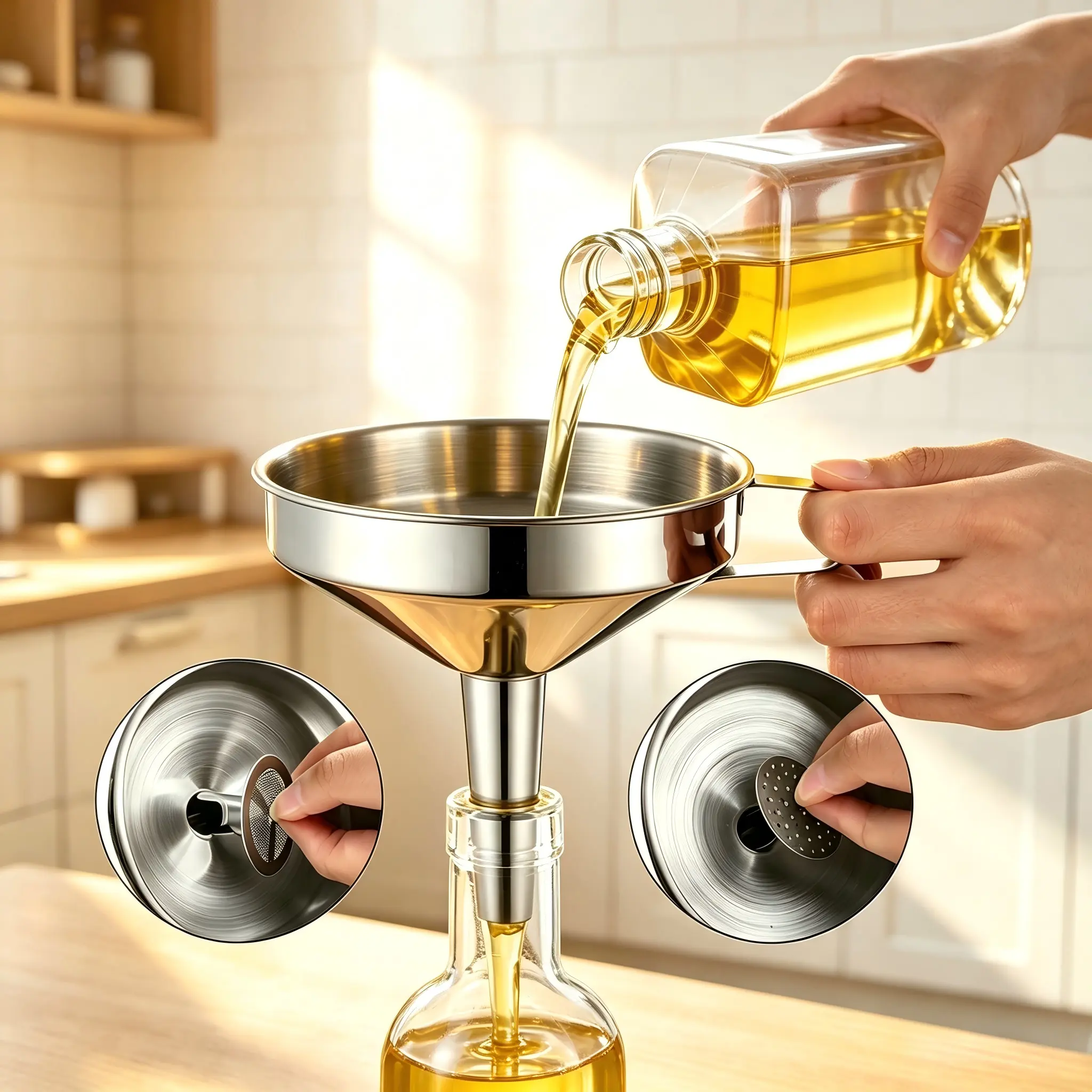 Funnel with strainer mesh for oil filtering, thickened large-diameter household pouring device, multi-purpose layered filter funnel, kitchen supplies and accessories for home use.