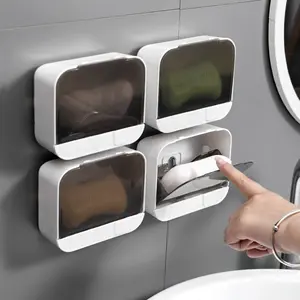 1pc Modern Wall-Mounted Soap Holder with Flip Lid & Drainage System - No Drill Adhesive/Bolt-On Installation, Hygienic Bathroom Soap Dispenser Box, Durable Plastic for Shower, Bathtub (Compatible with Multi-Bar Soaps) Soap Dish Holder, Bathroom Accessory