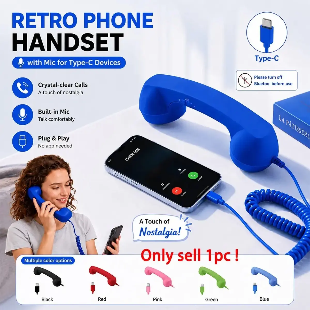 Retro Phone Handset with Microphone, 2026 New Retro-Style Type-C Phone Handset, Retro Wired Telephone Handset, Landline-Style Handset for Cell Phones, Video Conferences, Calls, and Meetings