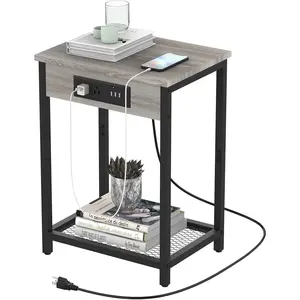 Bedside table with charging station, small bedside table with USB ports and power outlets, suitable for bedroom, living room, country-style office, gray