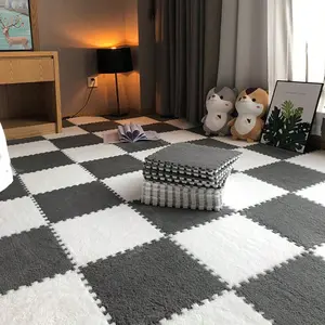 12pcs Interlocking Plush Foam Floor Mats - Square Carpet Tiles With Border . Non-Slip Soft Easy Clean & Assemble Mat For bedrooms, living rooms, playrooms, and home decoration. 11.8 × 11.8 inches