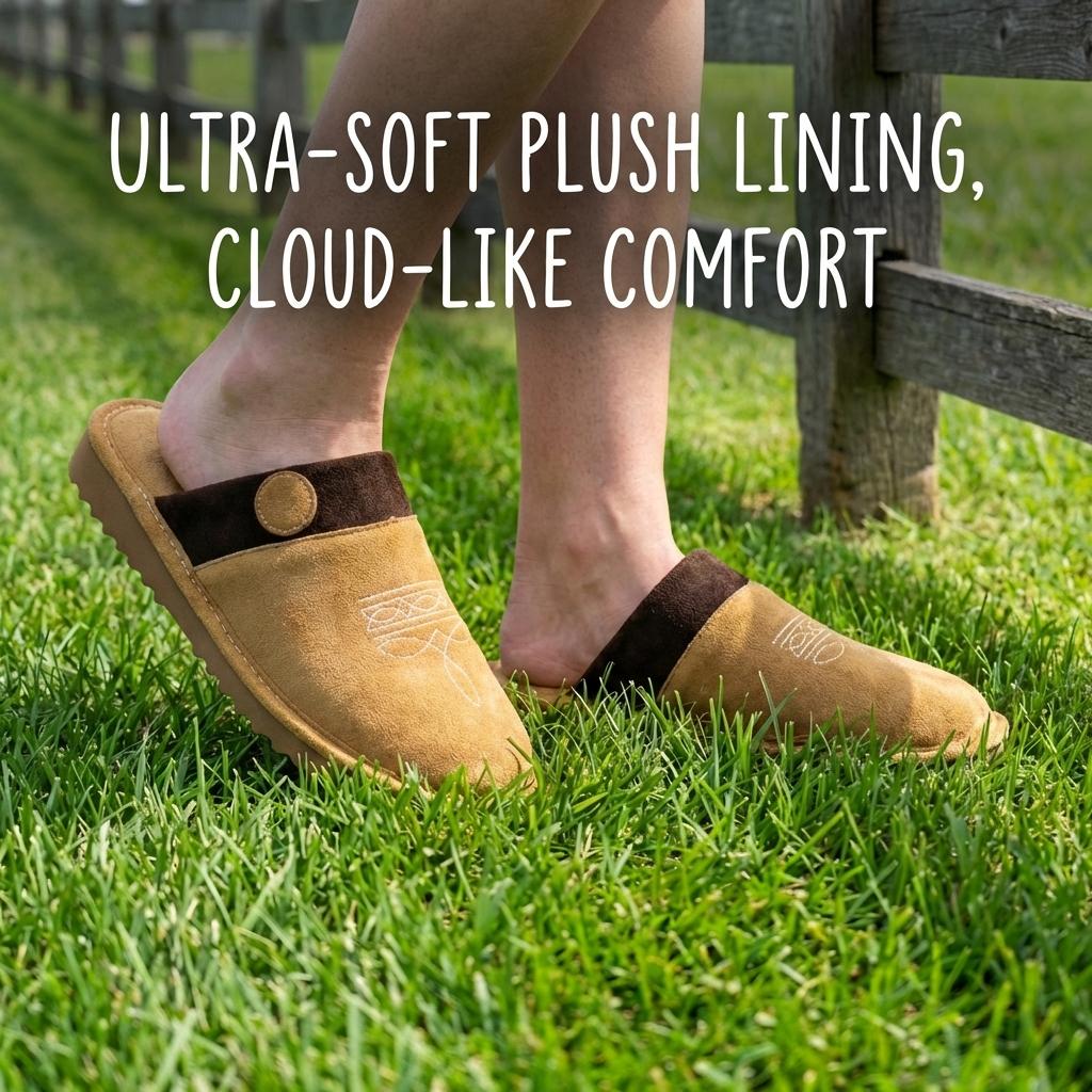 Cowboy Suede Slippers with Boot Stitch – Square Toe House Shoes for Men & Women, Indoor Outdoor