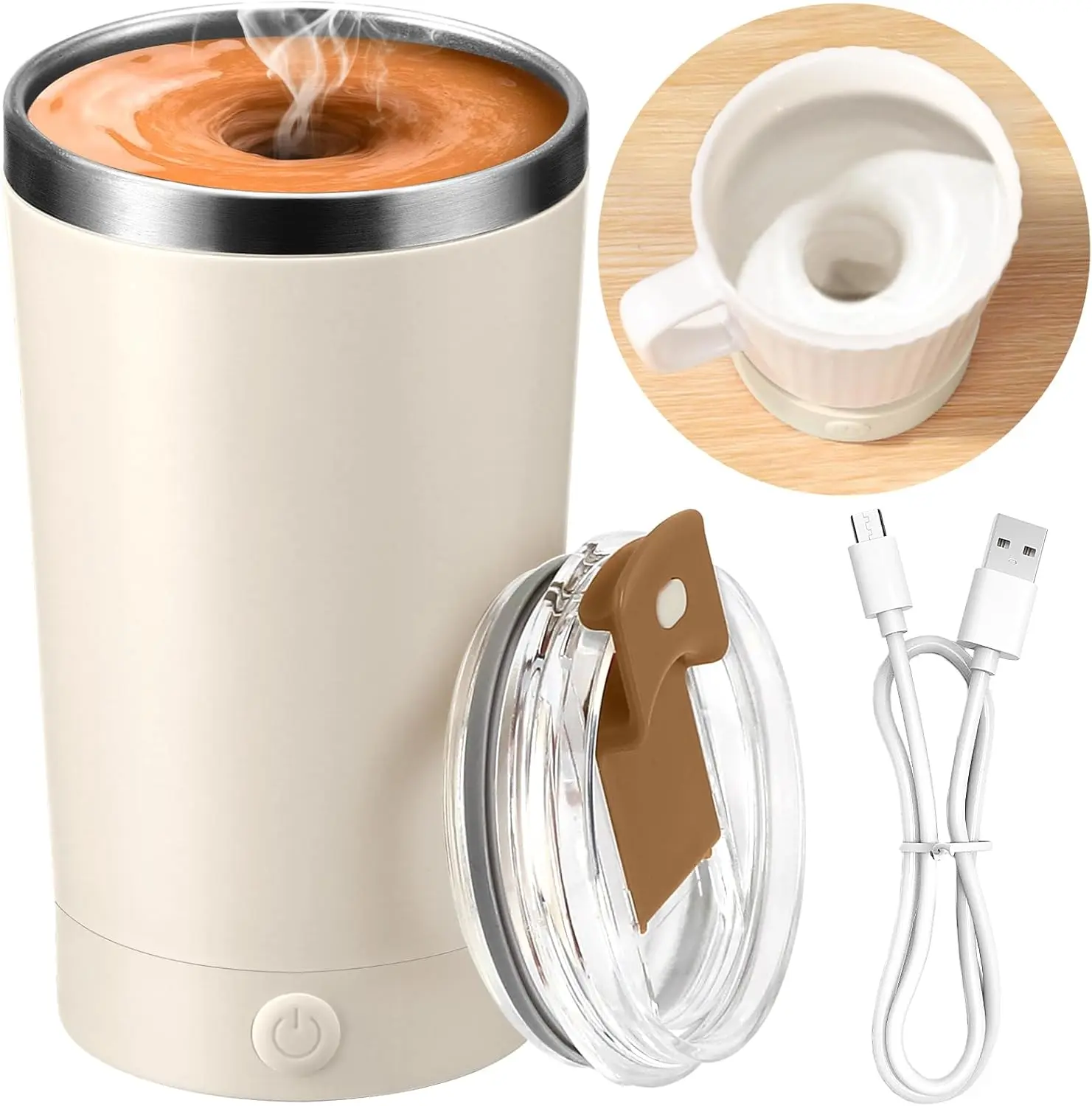 Self Stirring Coffee Mug With Lid Electric High Speed Self Stirring Mug 400ml Rechargeable Detachable Stainless Steel Self Stirring Cup for Coffee, Milk, Cocoa Christmas (Beige)