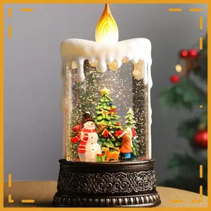 Christmas Snow Globe Candle Christmas Decorations Indoor Auto Snowfall Glitter Music Collection Snowman Child Tree with 6H Timer USB/Battery Powered 9.7 inch
