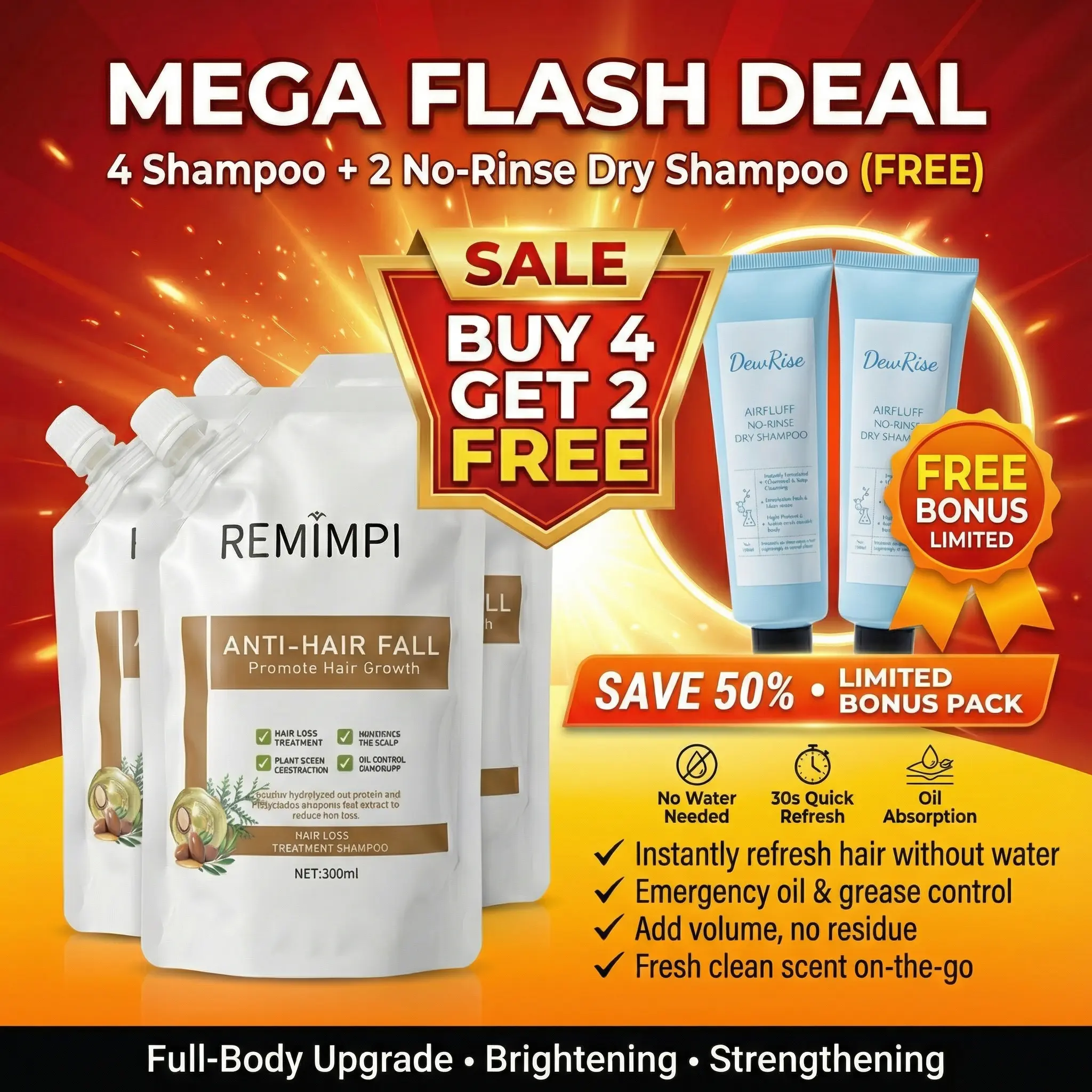 Buy 4 Get 2 FREE – REMIMPI Anti-Hair Fall Shampoo + DEWRISE No-Rinse Dry Shampoo Bonus | Limited set