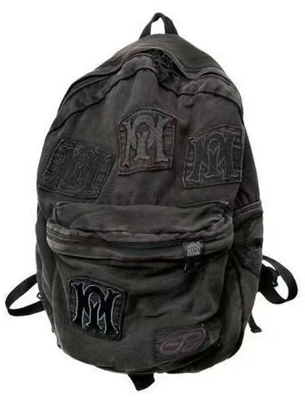 Gothic Embroidery Patch Distressed-Wash Backpack, Dark Y2K Aesthetic High-Capacity Schoolbag for Daily Urban Commuting
