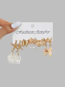 Women's Beach Style Metal Shell Starfish Pearl Pendant Earrings Set, Ocean Vibes Dangles, Summer Daily Wear Jewelry Accessories, Versatile Fashion Accessory
