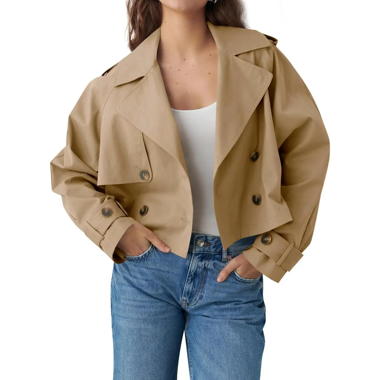 Women's Fitted Minimalist Double-Breasted Lapel Long Sleeve Mini Crop Trench Jacket - Solid Outerwear with Straight Pockets, XL Size Option, Jackets, Tops, Basic, Button, Trench Coat, Buttoned