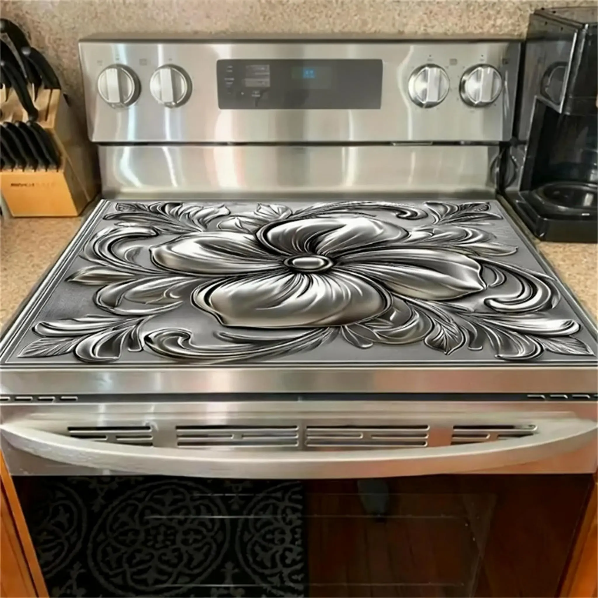 Soft Electric Stove Cover Cooktop Protector Pad with Floral Kitchen Design, Scratch-Resistant Easy-to-Clean Multi-Purpose Cover for Flat-Top Ovens, Washers and Dryers