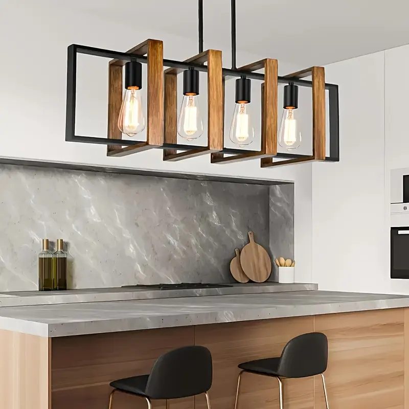 4-Light Contemporary Modern Farmhouse Linear Pendant - 4-Head Industrial Rustic Wood & Matte Black Metal Chandelier, Adjustable Height Dual Mount Semi-Flush/Pendant Fixture, Hardwired Line Voltage Indoor Use Lighting for Kitchen Island, Bulbs Not Included