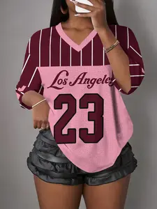 Women's Sporty V-Neck Short Sleeve T-Shirt, Athletic Style All Season Activewear, Colorblock Design, Number 23 Print, Loose Fit, Vintage Schoolgirl Style, Street Fashion Y2K