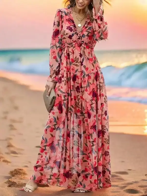 Women's Print Frill Ruffle Hem Flounce Sleeve Chiffon Vintage Dress, Deep V Neck Long Sleeve A Line Maxi Dress, Women's Clothing for Holiday Vacation, Dresses for Women, Summer Clothes, Back To School Party, Birthday Dress, Women's Fall Clothing
