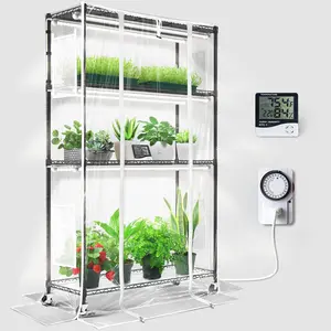 Barrina Mini Greenhouse with LED Grow Light, 4-Tier Metal Plant Stand with Wheels, 6Pcs Plant Light with Timer and Thermo-Hygrometer, 35.4x13.8x59IN