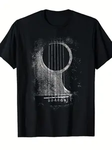Men's Vintage Rock & Roll T-Shirt with 6-String Acoustic Guitar Graphic - 100% Cotton Breathable Crew Neck Tee for Music Festivals, Concerts & Casual Wear - Retro Music Lover Shirt