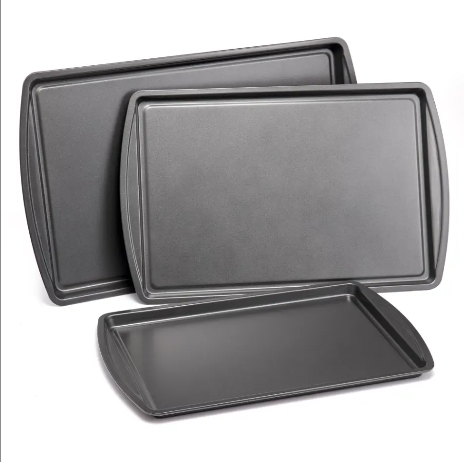 3-Piece Nonstick Baking Sheet Set – Multi-Size Carbon Steel Cookie Pans (Gray)