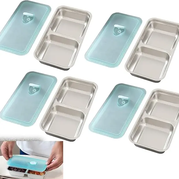 Reusable Two-Compartment Snack Containers, Stainless Steel Containers for Children's Snacks, and Camping Containers for Take-away Sauces and Fruits