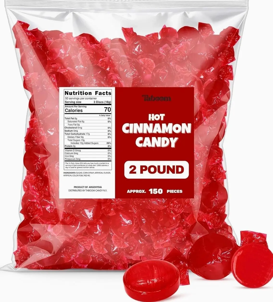 Cinnamon Hard Candy Discs 2 lbs Bulk Pack Christmas Candies - Approx. 150 Individually Wrapped Spicy Cinnamon Flavored Hard Candies for Parties, Offices & Treats