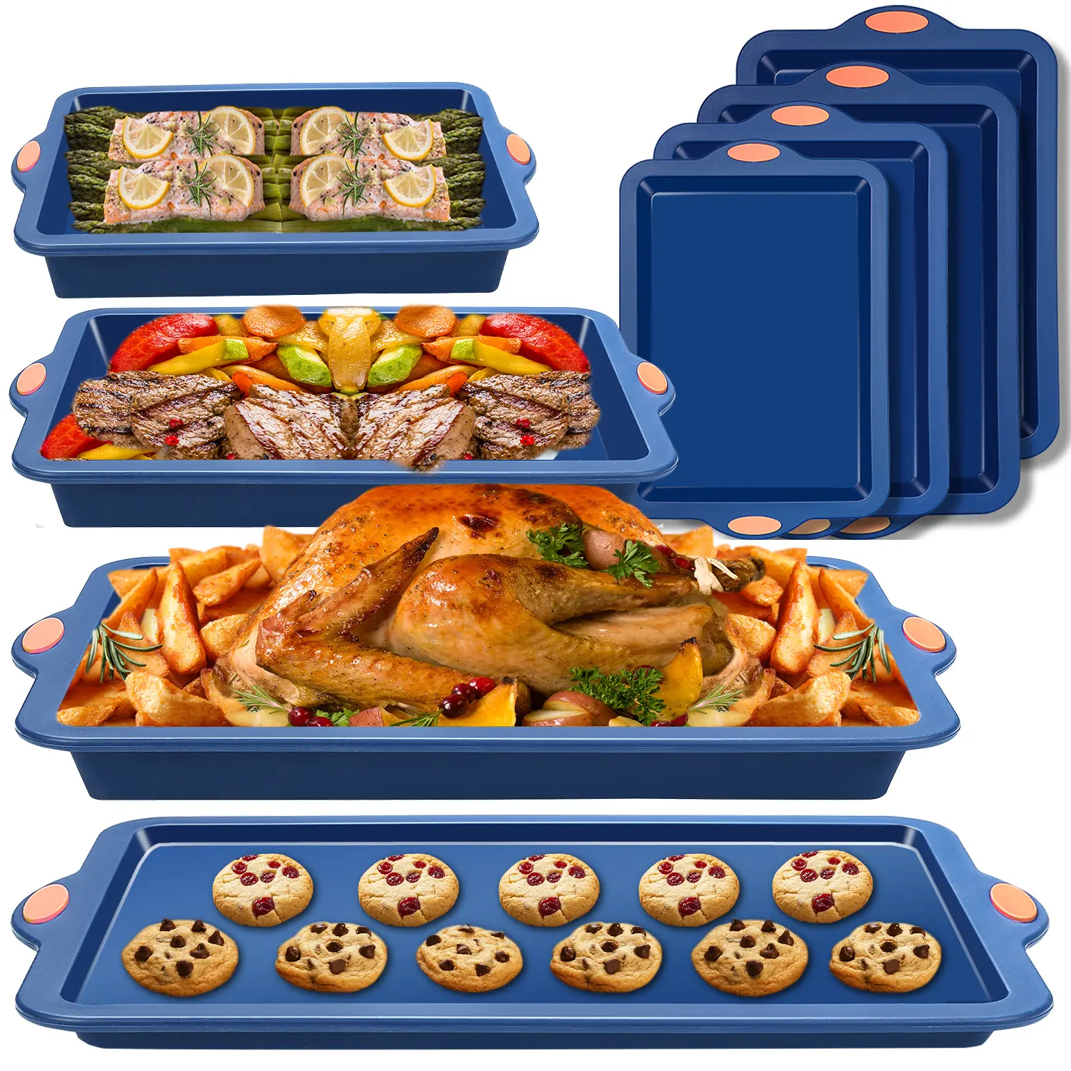 4-Piece Nonstick Bakeware Set with Baking Pans, Sheets, Cookie & Cake Pans Blue Silicone Metal Reinforced Frame High Heat Roasting Easy Clean Stackable