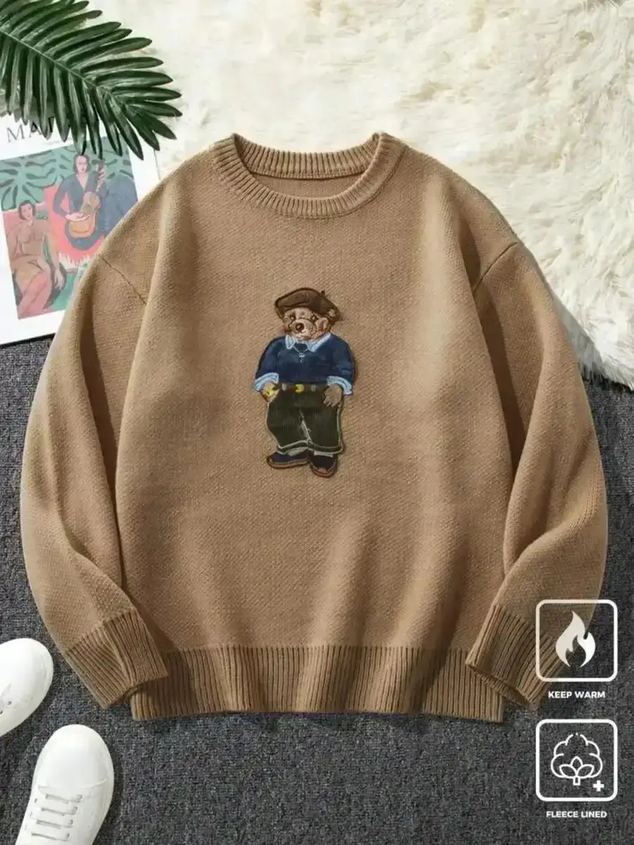 Cartoon Bear Detail Crew Neck Sweater, Casual Loose Long Sleeve Jumper for Fall & Winter, Fashion Ladies' Knitwear for, Classic Design Everyday Essential Versatile Style Comfort, Piece Relaxed