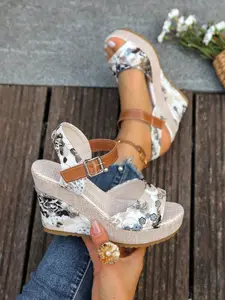 Vintage Floral Wedge Sandals, Buckle Strap Thick Sole High Heels, Summer Vacation Outdoor Wear Women's Shoes, Classy Stylish Fashion Textile Upper