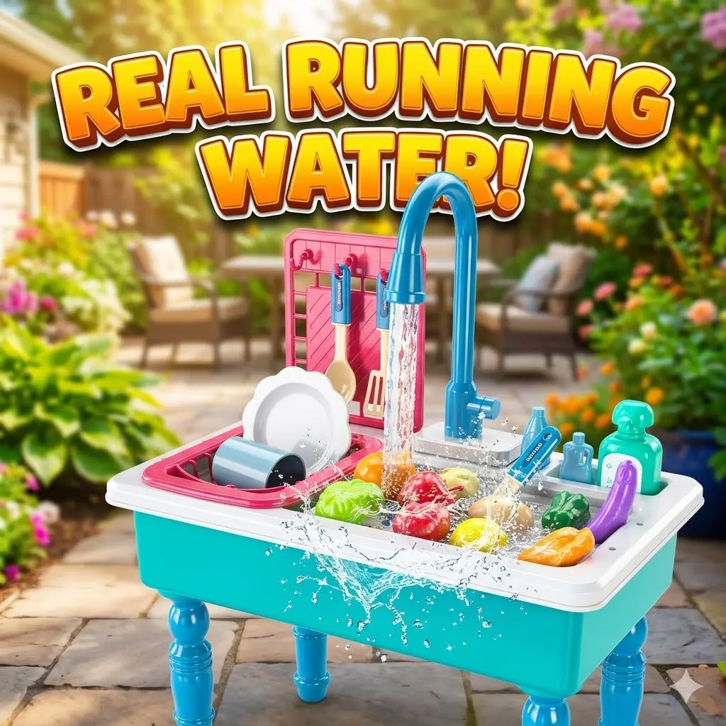 Toddler Cooking Playset - Compact Size Pretend Play Kitchen Sink Toy for 3+ Toddlers with Running Water, Play Food, Cleaning Tools - Easter, Back to School Haul Item, Durable & Kid-Safe Design
