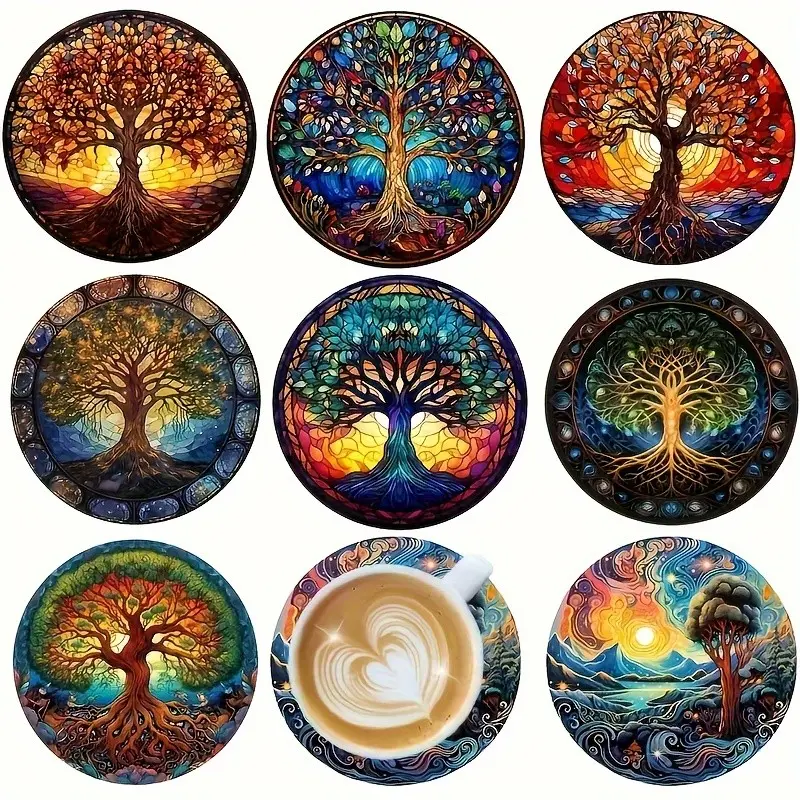 8-piece set of wooden Tree of Life coasters, Decorative Coaster, with Artistic Design and anti slip base, heat-resistant, used for desktop protection, home decoration, Round Coaster
