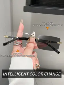 Unisex Frameless Photochromic Modern Trendy Sunglasses, Casual Alloy Rectangle Lens, Ideal for School, Daily Life, TV Watching, Halloween Decoration