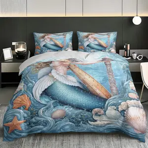 Dreamy Mermaid Harp Bedding Set, 3-Piece Duvet Cover + 2 Pillowcases, No Inserts, Ideal for Ocean-Themed Girl Rooms & Princess Decor