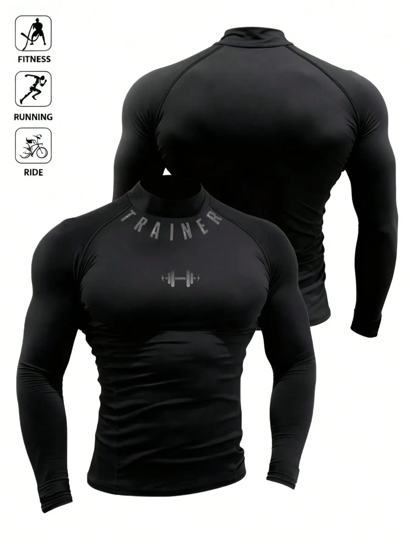 Men's Compression Training Shirt, High-Neck Long-Sleeve Trainer Graphic Top, Quick-Dry & Elastic, Ideal for Fitness, Running, Gym Wear