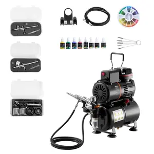 【Summervibes】VEVOR Airbrush Kit, 1/6 HP, Air Brush Kit with Air Compressor and Tank, 3 Dual-Action Professional Airbrushes with 3 Tips, Hose, Acrylic Paint, 2 Fans, for Cake Decorating, Model Painting, Nail Art