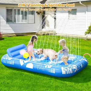 Inflatable Tanning Pool Lounger Float with Sprinkler, 77" x 48" Pool Floats Adult with Pillow, 6 in 1 Suntan Tub Raft Floatie with Drink Holder Sunbathing Water Lounge, kids play, splash pads