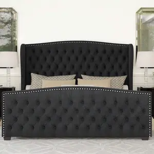 Queen/King/California King Size Velvet Upholstered Platform Bed Frame With Handmade Wingback Headboard, Button Tufted And Nailhead Design, Wooden Slats Support For Bedroom Furniture